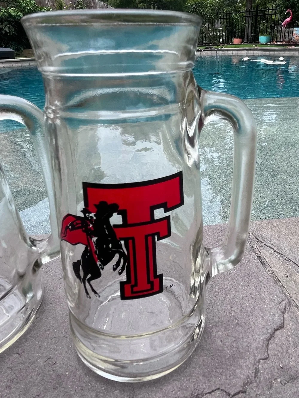 Vintage TTU Texas Tech Masked Rider Clear Beer Mugs Handles Glasses Two (2)